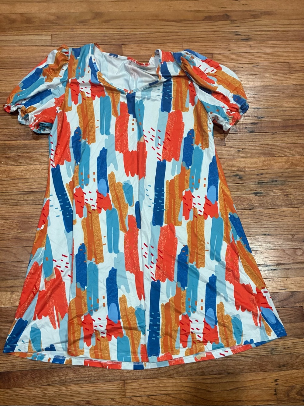 Women's Multicolor Brushstroke Puff-Sleeve Ultra Soft & Stretchy T-shirt Dress